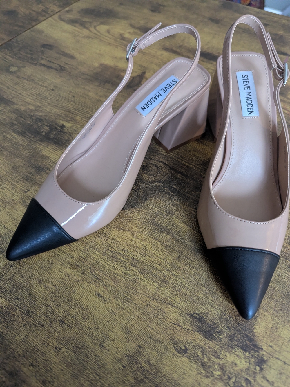 Steve Madden Linette Slingback Pump 7.5 Nude Blush Black Cap Toe Block Heel